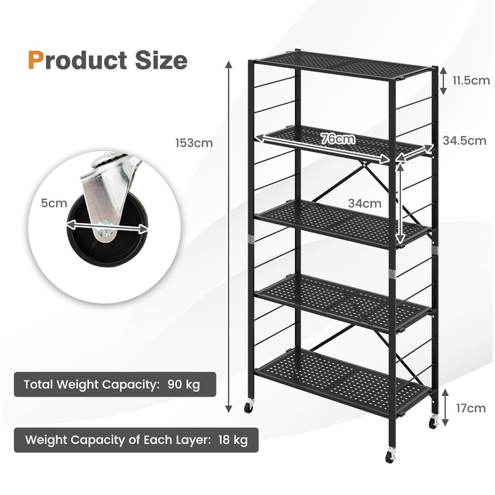 5-Tier Folding Storage Shelves - Adjustable, Mobile Black Shelving Unit  - Ideal for Versatile Storage Solutions