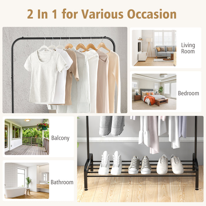 Metal Stand Rack - Clothes Organizer with Top Rod and Lower Storage Shelf in Black - Ideal for Home Wardrobe Organization