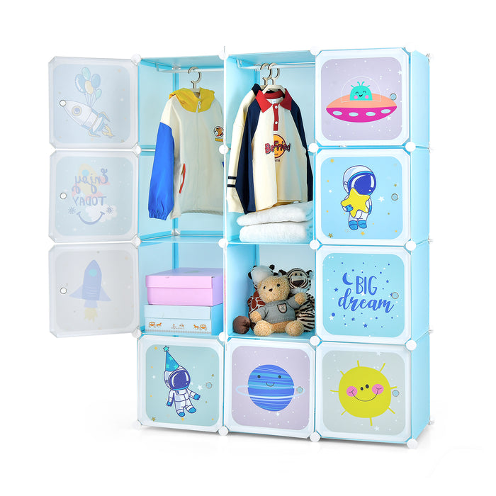 Kids' Portable Wardrobe - 12 Storage Cubes and 2 Hanging Sections in Blue - Ideal Storage Solution for Children's Clothing