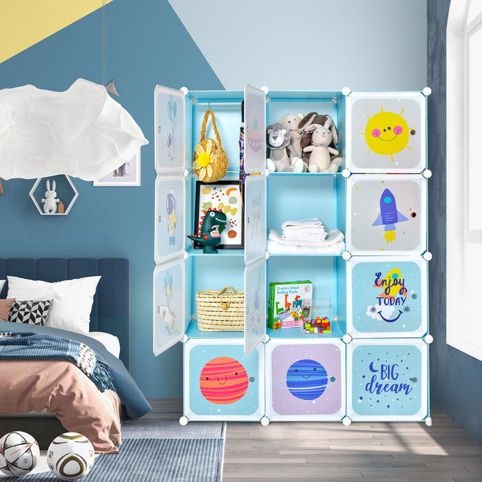 Kids' Portable Wardrobe - 12 Storage Cubes and 2 Hanging Sections in Blue - Ideal Storage Solution for Children's Clothing