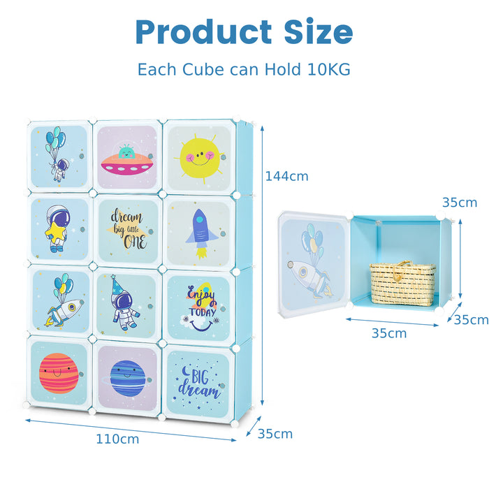 Kids' Portable Wardrobe - 12 Storage Cubes and 2 Hanging Sections in Blue - Ideal Storage Solution for Children's Clothing