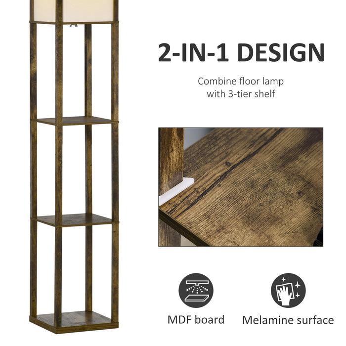 4-Tier Storage Shelf Floor Lamp - Rustic Brown Standing Light with Reading Lamp - Ideal for Living Room, Bedroom, Office Illumination & Organization