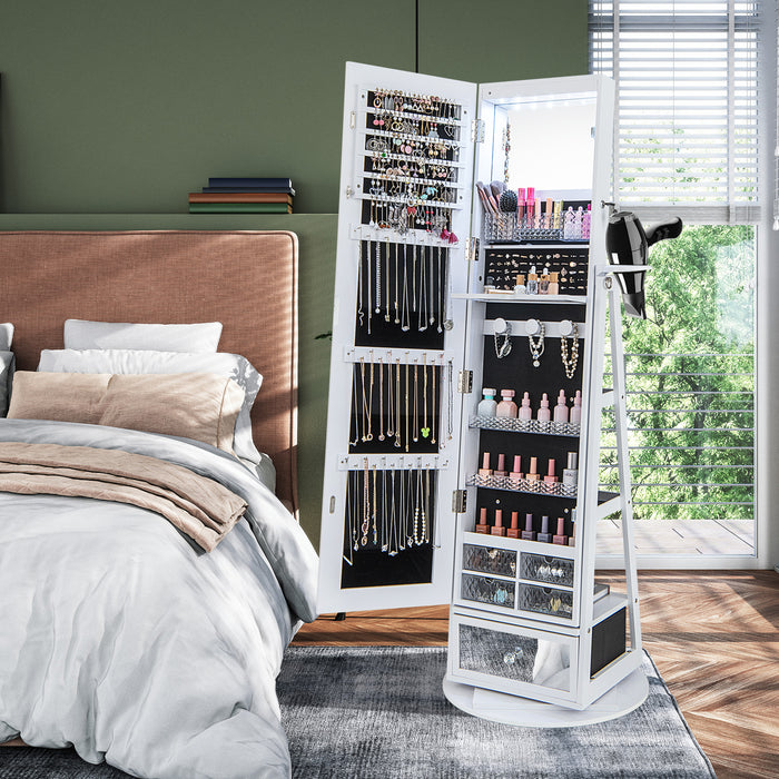 360° Swivel Lockable Armoire - Full-Length Mirror and Jewelry Cabinet - Ideal for Safe Storing and Organizing Accessories