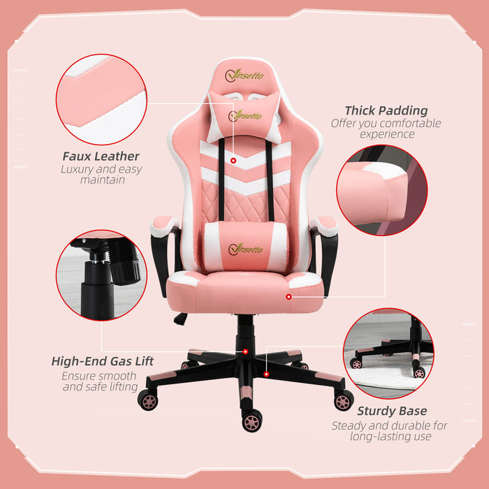 Ergonomic Racing Chair for Gamers - Lumbar Support, Adjustable Headrest, Swivel Wheels, PVC Leather - Comfortable Desk Seating for Home Office Use, Pink & White