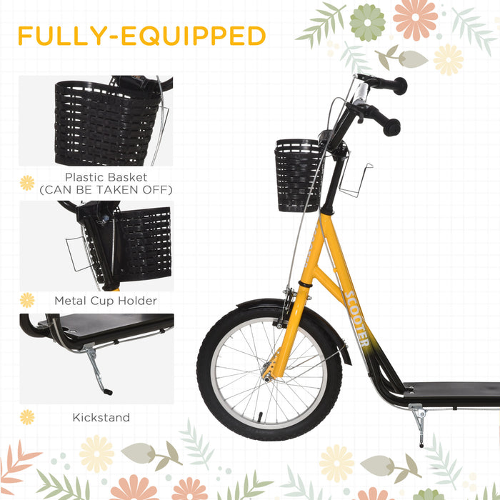 Teen Ride On Kids Kick Scooter - Adjustable Handlebar, 16" Rubber Tyres, Brakes, Basket, Cup Holder, Mudguard in Vibrant Orange - Perfect Outdoor Fun for Children and Adolescents