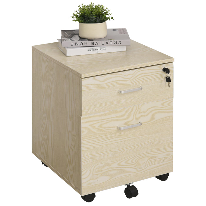 2-Drawer Locking Filing Cabinet - Rolling Storage for Legal/Letter Files with 5 Wheels, Oak Finish - Secure Office Organization and Home Cupboard Solution