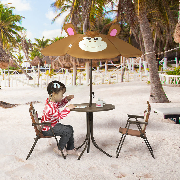 Outdoor Kids Picnic Table and Chair Set with Monkey Motif - Foldable Garden Furniture with Adjustable Sunshade for Children - Perfect for Ages 3 to 6, Brown