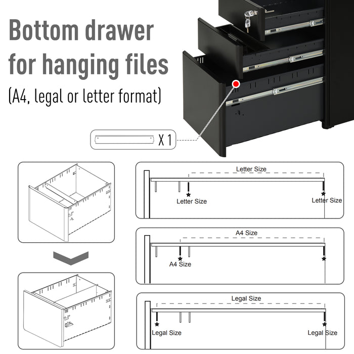 Lockable Steel 3-Drawer File Cabinet - Holds Letter/Legal/A4 Documents, Mobile Office Storage on Wheels - Black Metal Filing Solution for Home and Office Organization