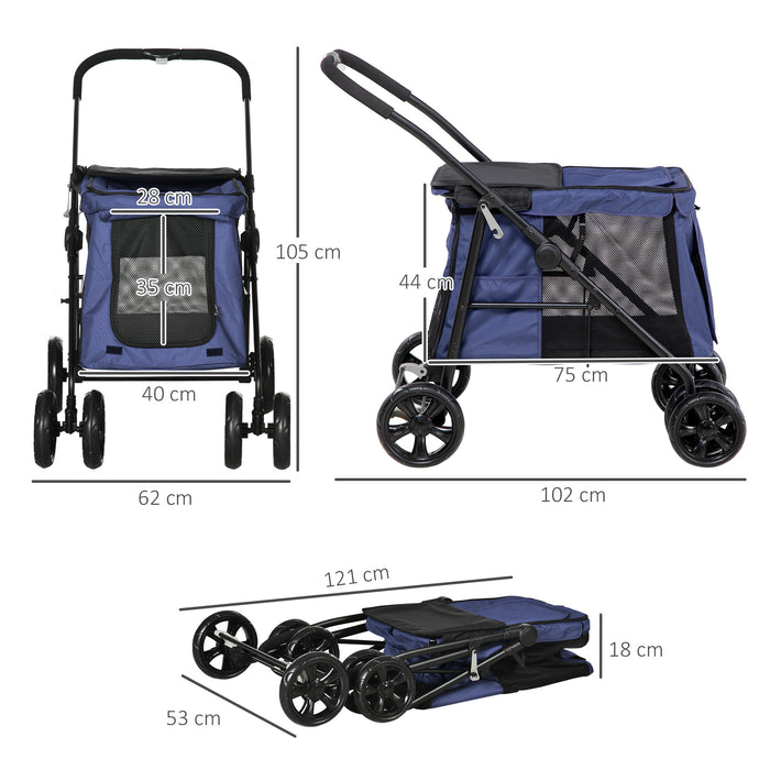Foldable Dog Stroller with EVA Wheels and Storage - Mesh Windows, Safety Leash, and Cushion Design - Ideal for Small Pets' Comfortable Transport