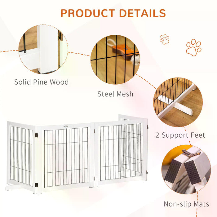 Foldable Wooden Dog Gate for Small & Medium Pets - 4 Panel Pet Fence with Support Feet - Safety Barrier for Home, Doorways & Stairs, White