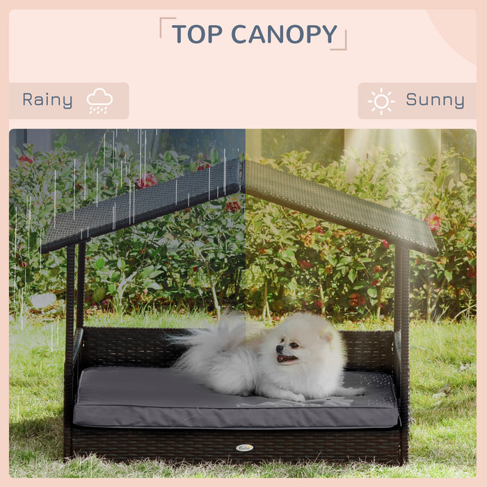 Wicker Dog House with Canopy - Rattan Pet Bed, Grey, Soft Cushion, Anti-slip Pads, 98x69x73cm - Ideal for Cats and Dogs, Comfort Shelter