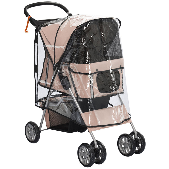 Compact Folding Dog Stroller with Rain Cover - Ideal for Small to Miniature Dogs, Includes Cup Holder and Storage Basket - Safe Walks with Reflective Strips in Brown