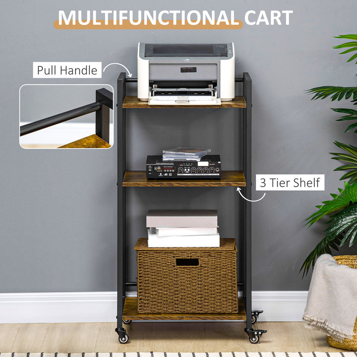 3-Tier Printer Stand with Adjustable Shelving - Rolling Utility Cart Trolley, Lockable Wheels, Rustic Brown Finish - Home Office Organization and Mobility Solution