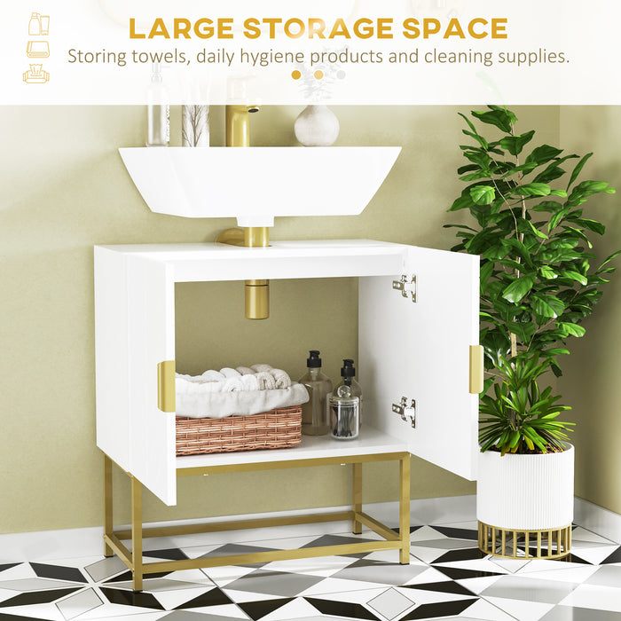 Under Sink Bathroom Mirror Cabinet - Basin Cupboard with Dual Door Storage and Elegant Gold Steel Legs - Stylish Organization for Restroom Essentials