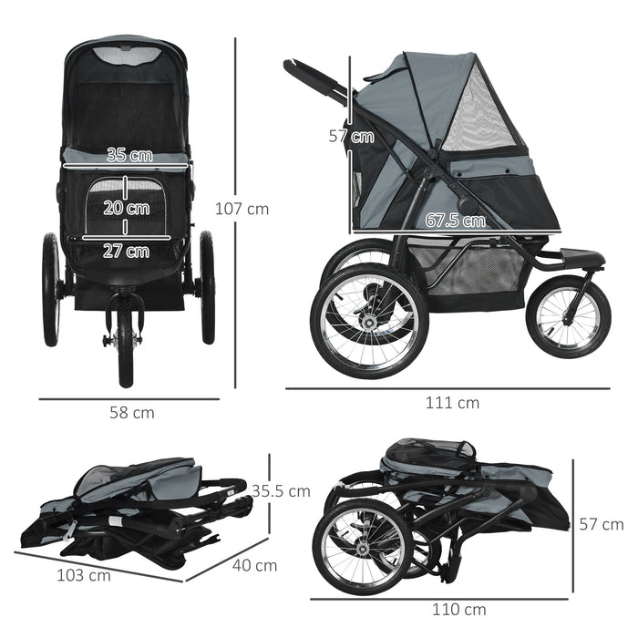 Foldable Pet Jogger Stroller - Medium & Small Dog Stroller with Adjustable Canopy and 3 Large Wheels, Grey - Convenient Cat Pram for Outdoor Activities