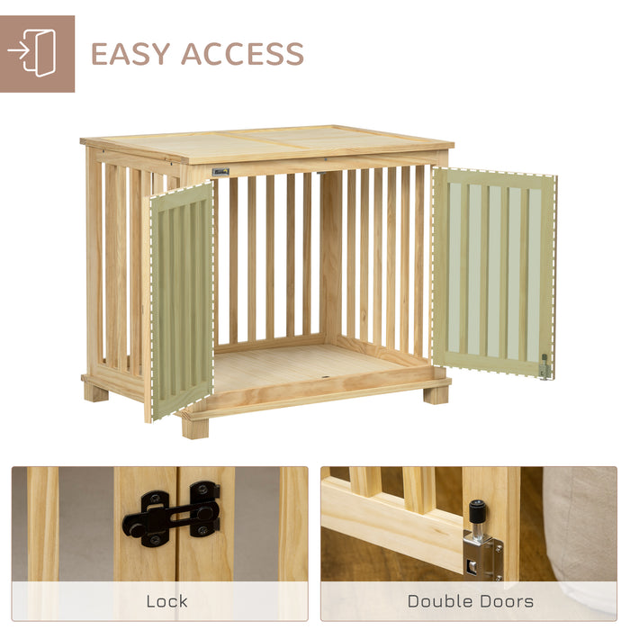 Double-Door Wooden Dog Crate with Cushion - Stylish Medium-Sized Pet Enclosure - Comfortable Home for Dogs with Natural Finish