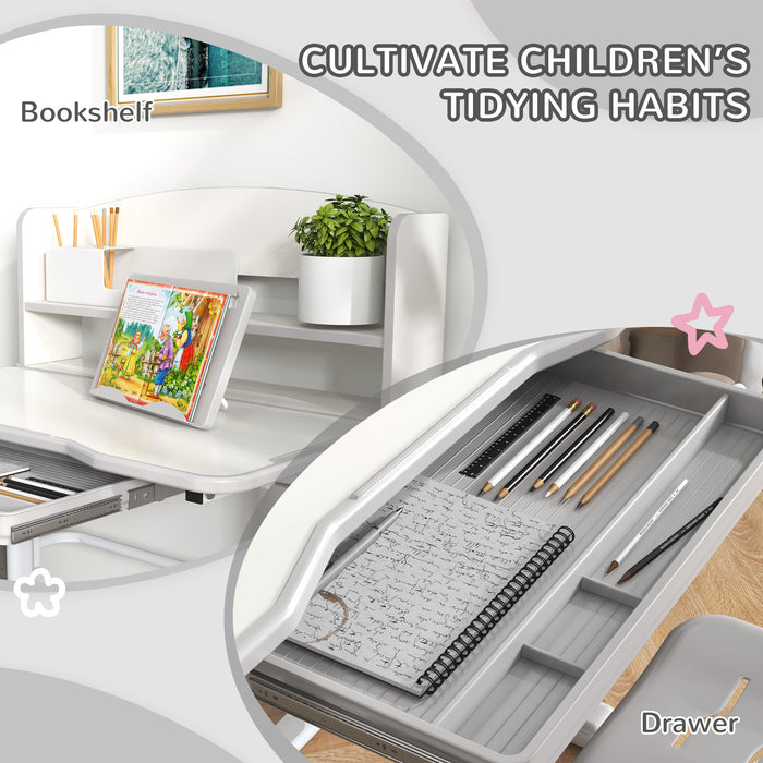 Kids' Ergonomic Study Desk Set - Height Adjustable with Drawer & Storage Shelf, 80x54.5x104cm - Ideal for Children's Homework and Craft Space, Grey