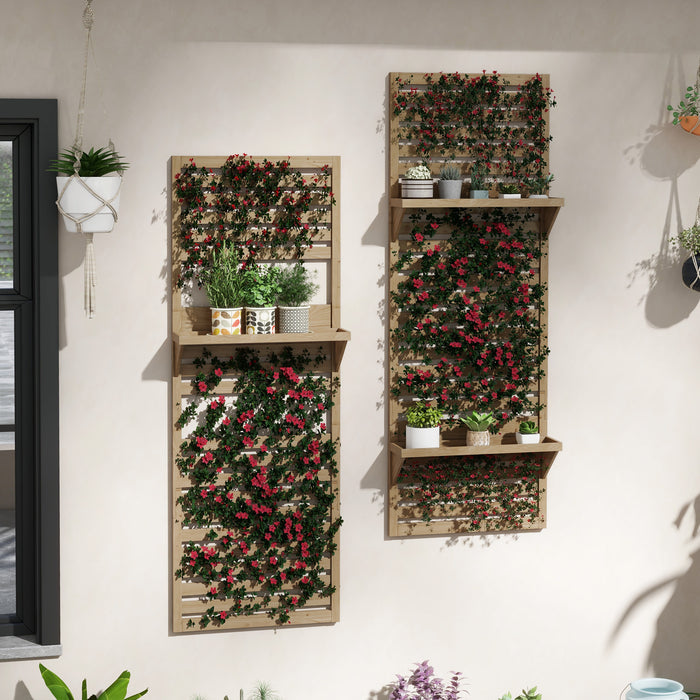 Fir Wood Hanging Planter Shelves - Wall Mounted Set of 2 with Slatted Trellis - Ideal for Patio, Balcony & Porch Greenery Display