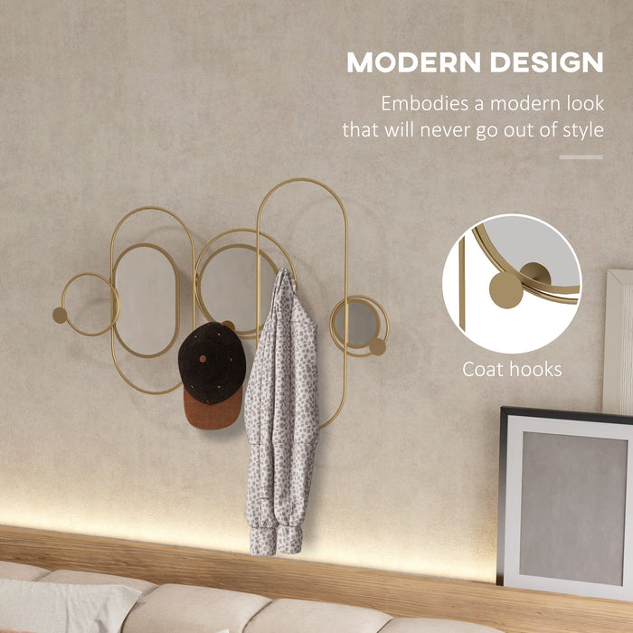 Modern Gold-Toned Metal Wall Mirror with Coat Hooks - Decorative Wall Art for Home Styling - Ideal for Living Room and Bedroom Organization