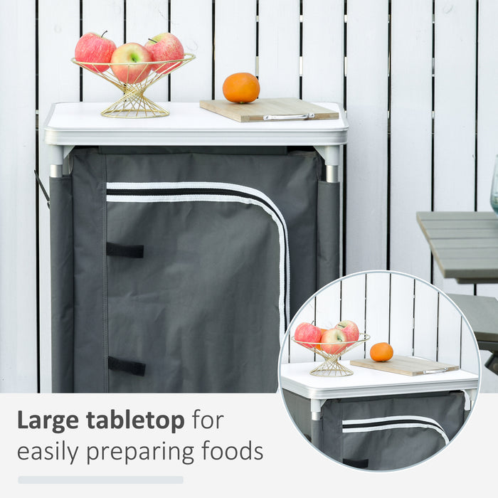 Portable Aluminum Camping Kitchen Station with 2 Shelves - Compact Storage Organizer for Outdoor Cooking and BBQ Parties - Ideal for Picnics and Backyard Gatherings with Convenient Carrying Bag