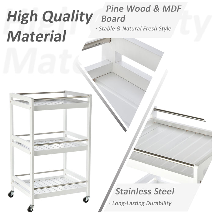 3-Tier Home Trolley - Kitchen and Living Room Storage Organizer with Steel Bars and 4 Rolling Wheels - Space-Saving Mobile Utility Cart for Household Use