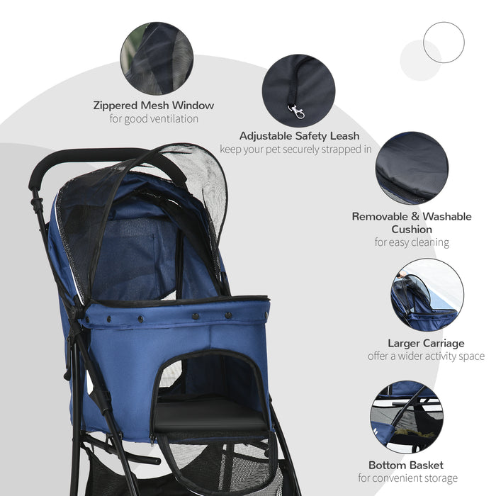 Foldable Pet Stroller with Spacious Carriage - Dog and Cat Travel System with Universal Wheels and Brake Canopy - Perfect for Pets, Includes Basket Storage Bag in Dark Blue