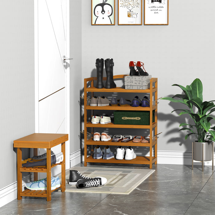 Acacia 5-Tier Shoe Rack - Wooden Shoe Storage Organizer with Side Hangers for 24 Pairs - Ideal for Entryway and Living Room, Teak Finish, 64x26x82cm