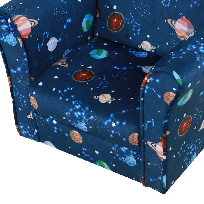 Kids Planet-Themed Cozy Armchair - Sturdy Wood Construction with Non-Slip Feet in Blue - Perfect Seating for Children's Rooms