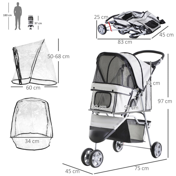 Folding Pet Stroller for Mini Dogs and Cats - Lightweight Pushchair with Canopy, Cup Holder, and Undercarriage Basket - Safe and Comfortable Travel for Small Animals with Reflective Safety Features