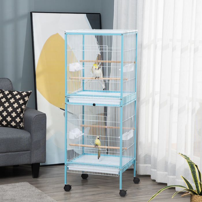 Large 2-in-1 Aviary Bird Cage with Wheels - Ideal for Finches, Canaries, Budgies - Includes Slide-out Trays, Wood Perch, and Food Containers