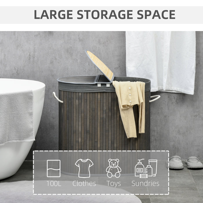 Bamboo Laundry Basket - 100L Dual-Section Hamper with Removable Liner and Lid, 62.5x37x60.5cm - Ideal for Sorting and Organizing Laundry