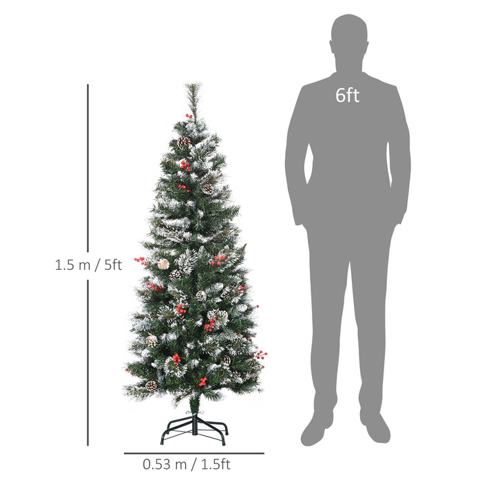 Slim Snow-Dusted 5-Foot Artificial Christmas Tree - 402 Lifelike Branches with Pine Cones and Red Berries, Auto-Expand Feature - Ideal for Festive Home Decoration and Tight Spaces