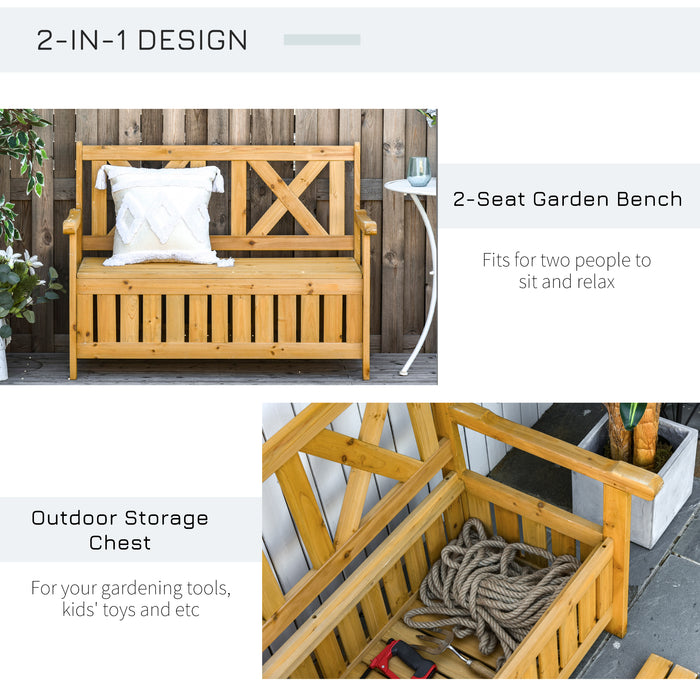 Wooden Garden Storage Bench - 2-Person Patio Seat with High Back and Armrests - Outdoor Seating Solution with Hidden Chest