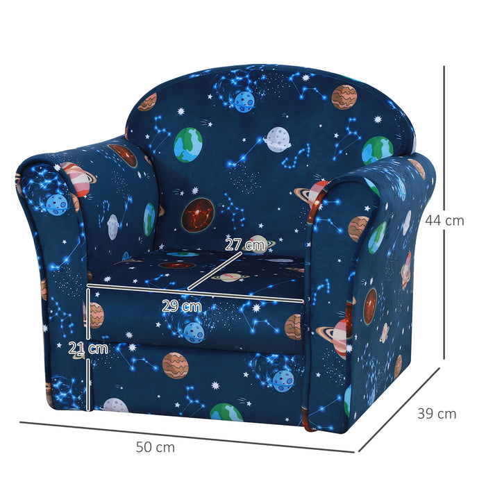 Kids Planet-Themed Cozy Armchair - Sturdy Wood Construction with Non-Slip Feet in Blue - Perfect Seating for Children's Rooms