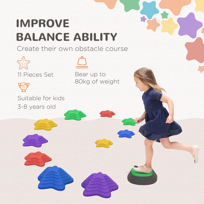 Kids Balance Stepping Stones - 11 Piece Set of Non-Slip Starfish Shaped Obstacle Course Components - Enhances Coordination for Indoor & Outdoor Sensory Play