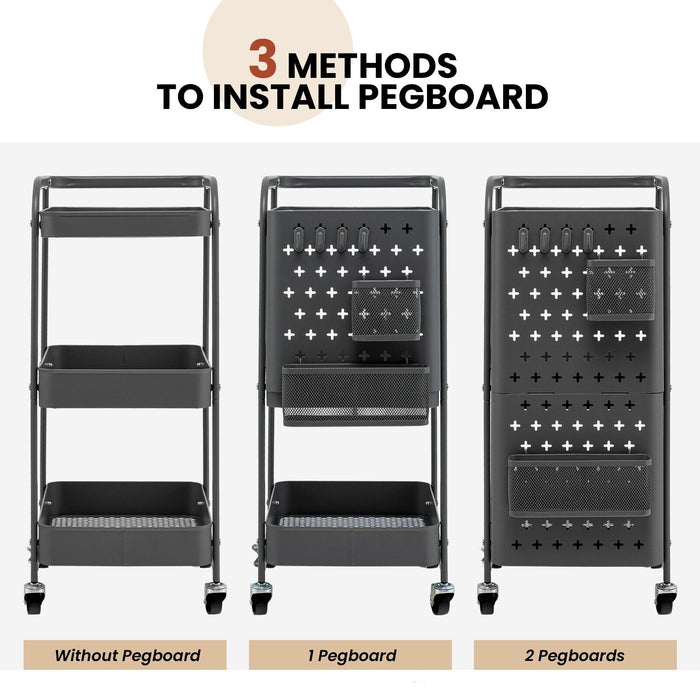 3-Tier Storage Cart - Rolling Organizer with Dual DIY Pegboards in Gray - Ideal for Craft Hobbyists and DIY Enthusiasts