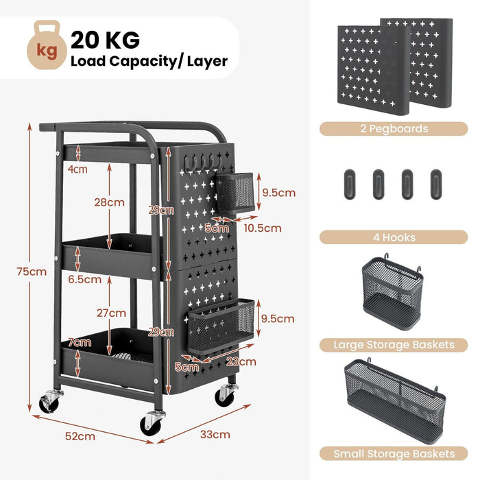 3-Tier Storage Cart - Rolling Organizer with Dual DIY Pegboards in Gray - Ideal for Craft Hobbyists and DIY Enthusiasts