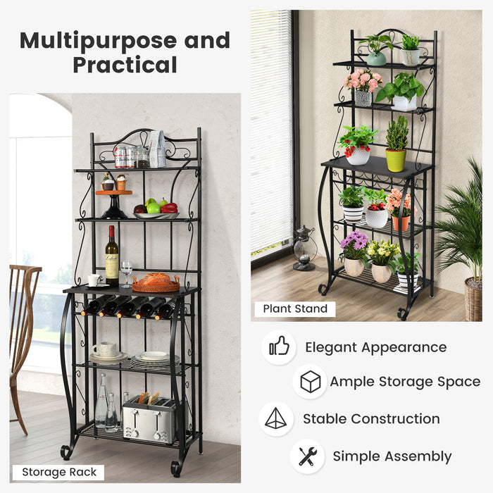 Freestanding 5-Tier Baker's Rack - Integrated Wine Storage and Adjustable Foot Pads for Stability - Perfect for Kitchens and Bakeries