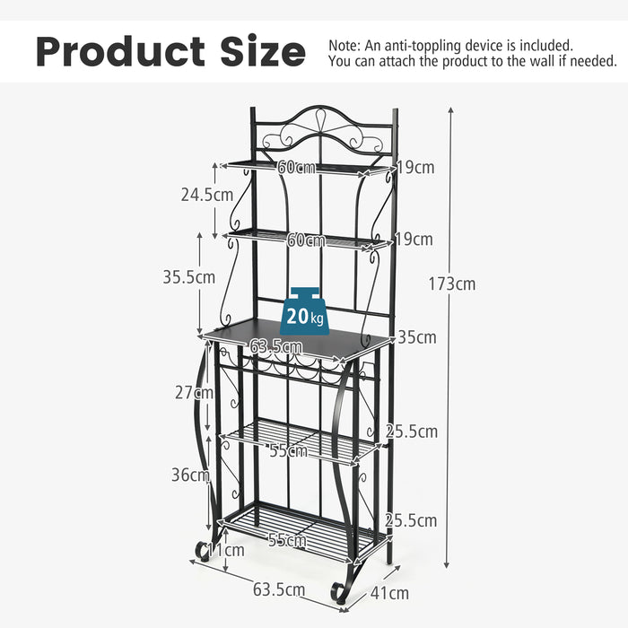 Freestanding 5-Tier Baker's Rack - Integrated Wine Storage and Adjustable Foot Pads for Stability - Perfect for Kitchens and Bakeries
