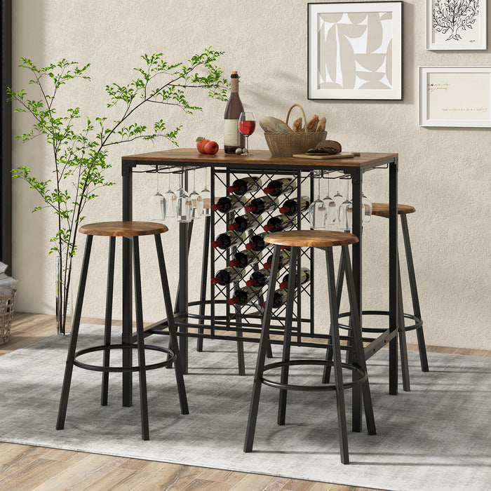 5-Piece Rustic Brown Set - Bar Table with Stools, Wine Rack, and Glass Holder - Ideal for House Parties and Casual Dining