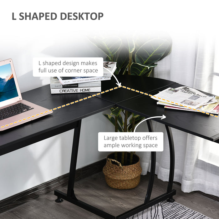 L-Shaped Minimalist Computer Desk - Corner Display, Laptop Study Table, Space-Saving Wood & Steel - Ideal for Gaming, Home Office Workstation, Black