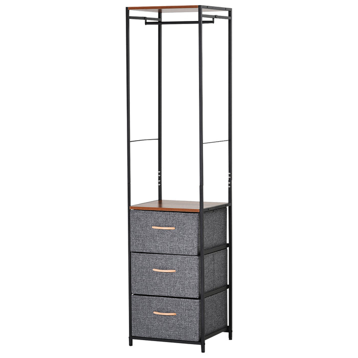3-Drawer Chest with Coat Rack - Steel Frame & Black Brown Finish for Bedroom or Hallway - Space-Saving Organizational Furniture