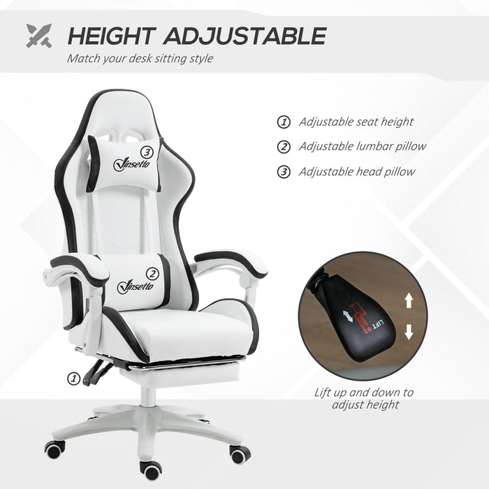 Racing Gaming Chair with 360° Swivel - Reclining PU Leather Computer Chair, Footrest & Removable Headrest in White and Black - Designed for Gamers and Home Office Comfort