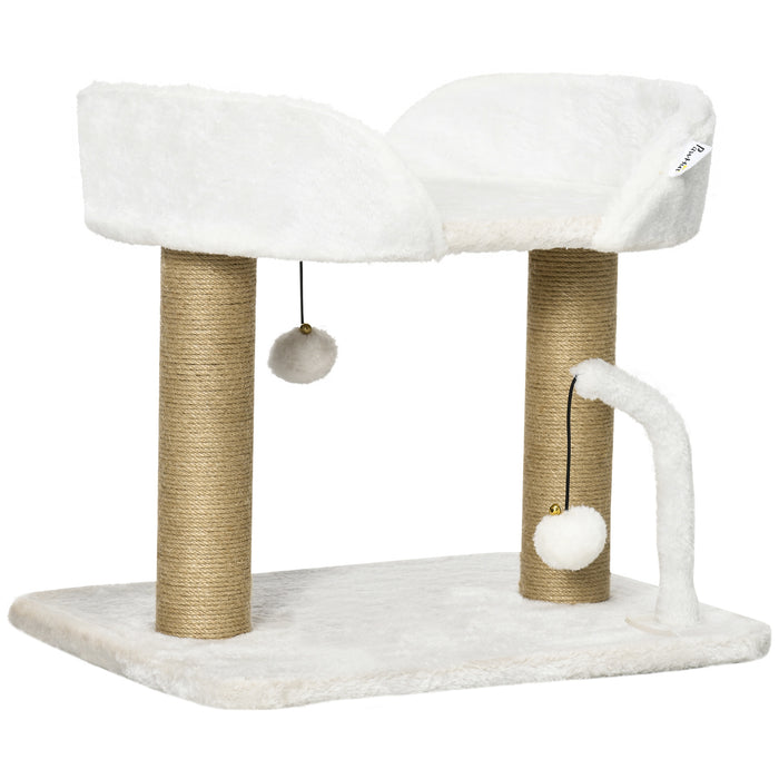 Small Cat Tree with Sisal Scratching Post - 42cm Indoor Climbing Tower with Kitten Bed and Playful Toy Balls, White - Perfect for Scratching, Playing, and Relaxing