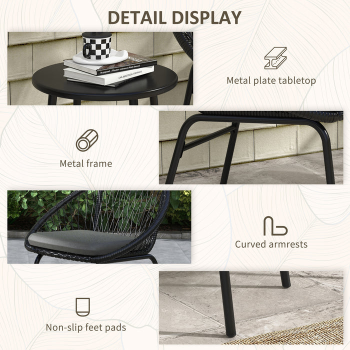 3 Piece PE Rattan Garden Bistro Set - Includes Round Metal Coffee Table and 2 Cushioned Armchairs - Ideal for Patio, Balcony & Outdoor Relaxation