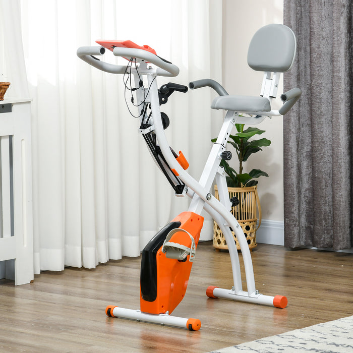 Foldable 2-in-1 Upright & Recumbent Exercise Bike - Magnetic Stationary Cycling with Arm Resistance Bands, Orange - Ideal for Full-Body Home Workouts