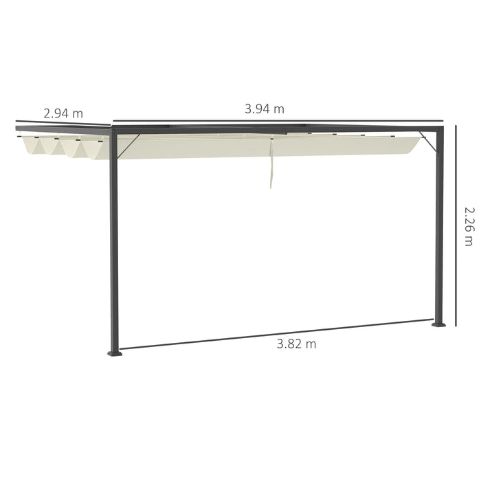Outdoor Pergola with Retractable Canopy - 4m Wall-Mounted Gazebo for Patio Shelter - Sun Shade and Elegant Entertaining Space in Beige