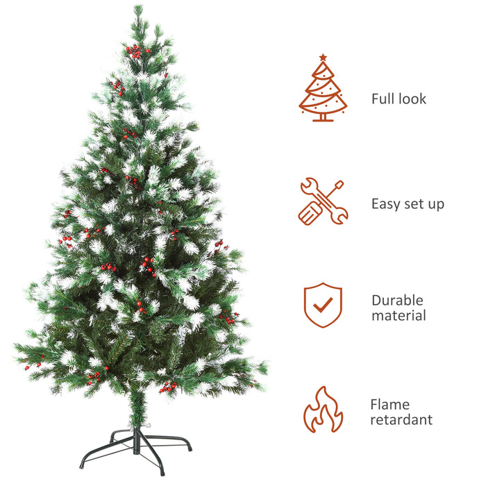 Artificial Snow-Flocked Pine Christmas Tree, 5ft with Red Berries - Festive Green Holiday Decor - Perfect for Home and Office Yuletide Celebrations