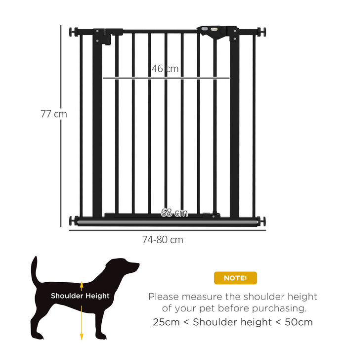 Adjustable Metal Dog Gate, 74-80cm Width - Black Safety Barrier for Pets - Ideal for Indoor Use to Keep Dogs Contained