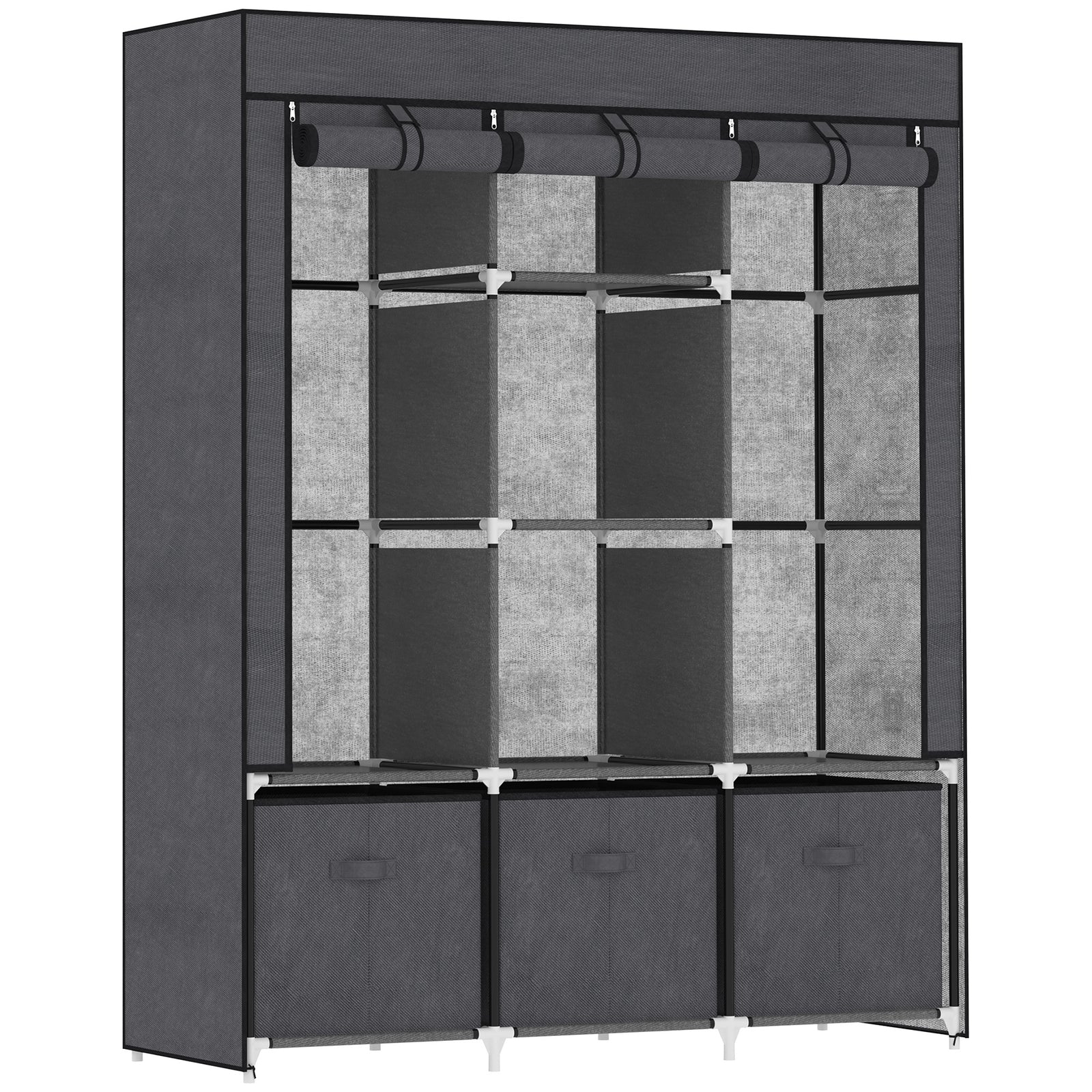 Portable Fabric Wardrobe with Shelves and Hanging Rails - Foldable Closet Organizer with Drawers, 125x43x162.5 cm, Dark Grey - Ideal Storage Solution for Clothes and Accessories